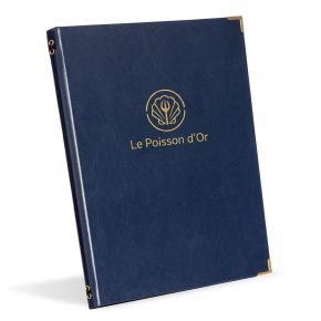 Menu de café en simili cuir bleu, matériau très résistant qui est également tactile et lisse au toucher