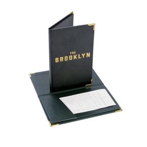 Black leather bill presenter with gold corners shown closed and open, displaying interior receipt pocket.