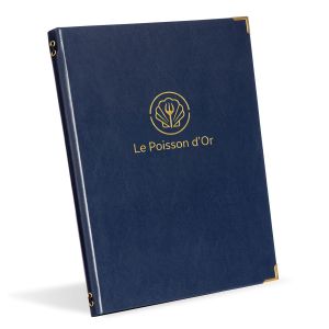 Menu de café en simili cuir bleu, matériau très résistant qui est également tactile et lisse au toucher