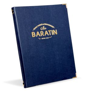 Porte-menu restaurant Kensington en simili cuir bleu avec coins dorés et logo personnalisé en dorure à chaud
